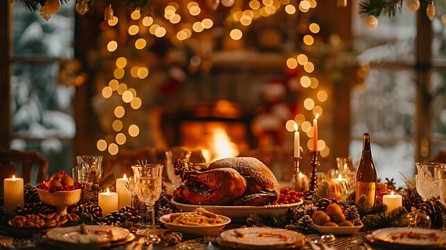 A charming winter holiday dinner party, table adorned with a turkey roast, candles, and festive decorations, guests in cozy attire enjoying the feast, warm glow from a fireplace and fairy lights,