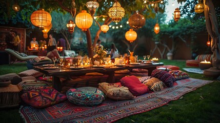 A cozy bohemian-themed dinner party, low table surrounded by vibrant cushions, hanging lanterns casting a warm and inviting glow, guests enjoying an evening with friends,