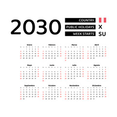 Calendar 2030 Spanish language with Peru public holidays. Week starts from Sunday. Graphic design vector illustration.