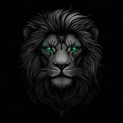 A black lion with striking green eyes on a stark black background