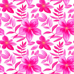 Seamless pattern of watercolor pink floral, white background.