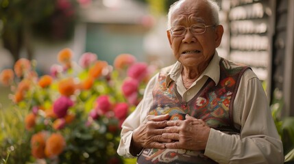 Obraz premium Older man in garden, holding abdomen, strained look, gastrointestinal pain, focus on senior lifestyle.