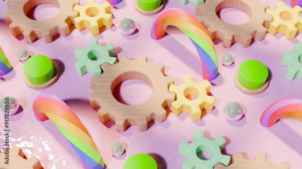 Aufkleber 3d rendering of looped rotating gears on pink background