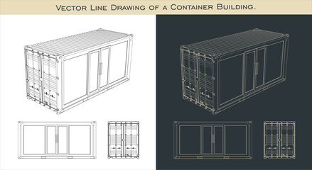 Set Cargo Container 20ft building line drawings. blueprint wireframe from all view top corner side back isolated in transparent background 