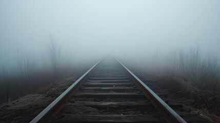 Obraz premium An abandoned railway track disappearing into the fog, with a moody, atmospheric vibe.