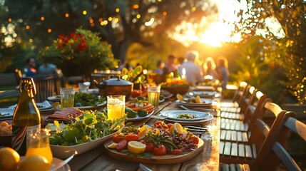 A cozy summer dinner party, long table covered with light salads, grilled vegetables, and lemonade, guests enjoying the evening, warm sunset creating a golden glow,