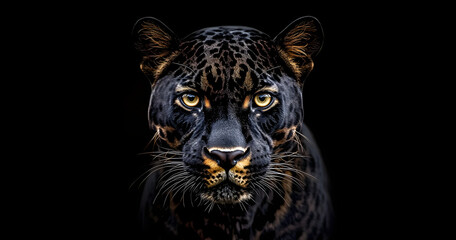 Obraz premium Front view of Panther on black background. Wild animals banner with copy space. Predator series.&nbsp;