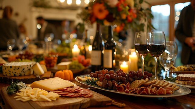A cozy wine and cheese tasting party, elegantly set table with a selection of cheeses and wines, guests mingling in semi-formal attire, warm lighting creating an inviting atmosphere,