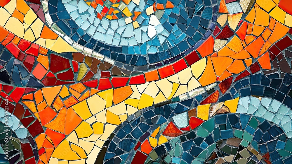 Aufkleber an abstract background of colorful mosaic tiles, forming a dynamic and intricate pattern.