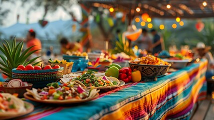 A festive Mexican-themed dinner party, table adorned with vibrant tablecloths, taco bar filled with fresh ingredients, guests enjoying the evening in colorful attire, warm and inviting lighting,