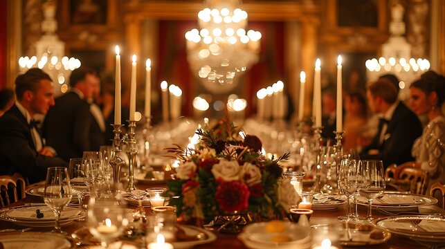 A luxurious formal dinner party scene, elegantly set table with silverware and crystal glasses, chandeliers illuminating the room, guests in tuxedos and evening gowns, rich floral arrangements,