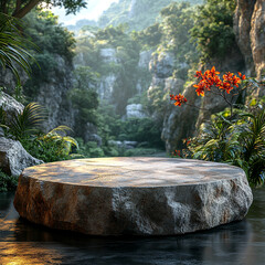 Stone podium for product design against the backdrop of a tropical forest