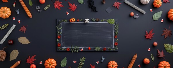 Festive autumn-themed chalkboard surrounded by colorful leaves, pumpkins, and playful decorations, perfect for seasonal celebrations.