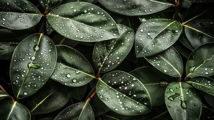 Fototapeta premium Close-up photo of a cluster of green leaves dotted with water droplets