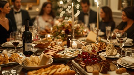 Naklejka premium A sophisticated French cuisine dinner party, long table covered with fine wine, assorted cheeses, and delicate pastries, guests in formal attire, warm ambient lighting,