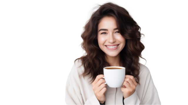 Portrait of a smiling young woman holding a cup of coffee and drinking coffee, isolated on transparent background