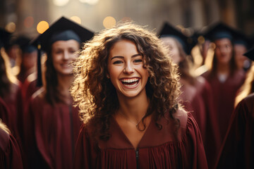 Fototapeta premium generated illustration of happy caucasian woman wearing mortarboard and graduation grown