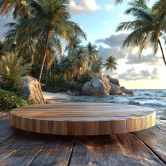 wooden circle podium on a beach with palm trees in the background for product presentation