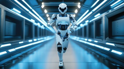 Futuristic white robot running in a blue lit corridor.