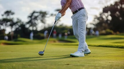 A golfer swings his club on the green of a golf course, his feet planted firmly on the ground and the golf ball visible in the background.