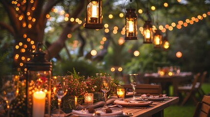 An enchanting garden dinner party at twilight, fairy lights casting a soft glow over an elegantly set table with floral arrangements, guests engaged in lively conversation,