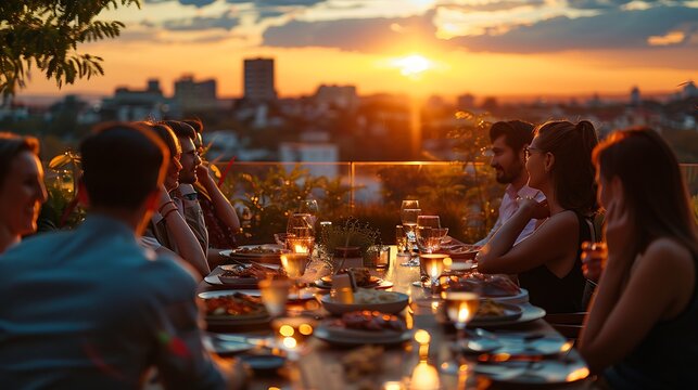 An evening rooftop dinner party, long table with elegant settings, guests in semi-formal attire enjoying the sunset, city skyline in the background, golden hour light creating a magical atmosphere,