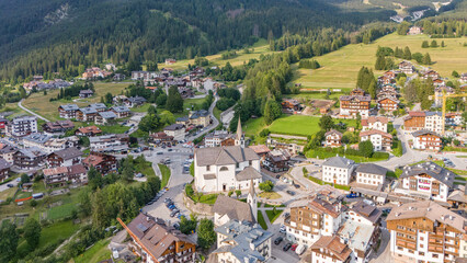 Aerial drone view of San Vito di Cadore, a charming town in Italy. View of Italian village in the dolomites during daytime in summer. 16 july 2024, San Vito di Cadore, Italy