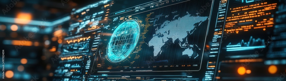 Poster futuristic digital interface showcasing global data visualization with holographic elements and vibr