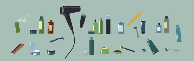 Cosmetic products and beauty supplies 2D cartoon objects set. Skincare treatment remedies and tools flat line vector elements green background