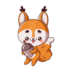 Happy little squirrel holding acorn flat color vector illustration. Kawaii wild animal. Fluffy forest rodent with nut icon on white background