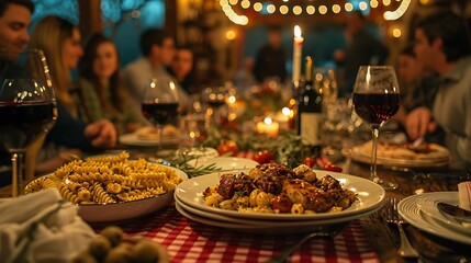 Fototapeta premium An intimate Italian dinner party, long table with red checkered tablecloths, a spread of pasta dishes and wine, guests enjoying a meal in a cozy setting, soft warm lighting,