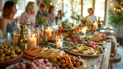 Fototapeta premium An intimate Mediterranean-themed dinner party, long table set with a variety of olives, hummus, and bread, guests enjoying the meal, soft and warm lighting,