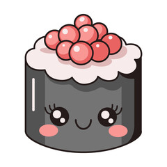 Whimsical sashimi with red caviar flat color vector image. Kawaii seafood character embodies Asian cuisine on white background