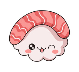 Sashimi with winking expression flat color vector illustration. Kawaii seafood smiling character with salmon icon on white background