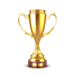 Golden metal cup for best in contest realistic vector illustration. Elegant reward with handles on podium 3d object on white background
