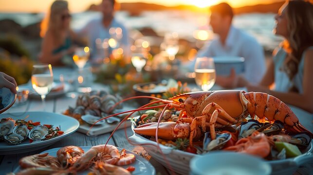 An intimate seafood dinner party, table set with lobsters, oysters, and gourmet seafood dishes, guests in casual attire, warm sunset lighting creating a cozy ambiance, ocean waves in the background,