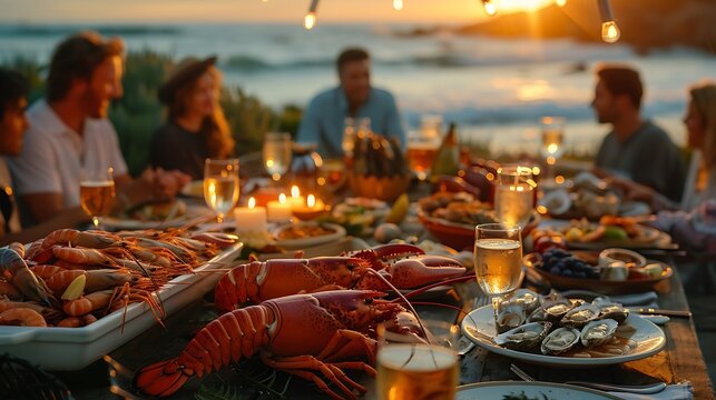 An intimate seafood dinner party, table set with lobsters, oysters, and gourmet seafood dishes, guests in casual attire, warm sunset lighting creating a cozy ambiance, ocean waves in the background,