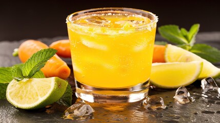 Fototapeta premium A photo of a glass filled with lemonade placed on a metal plate surrounded by sliced limes and oranges, with ice