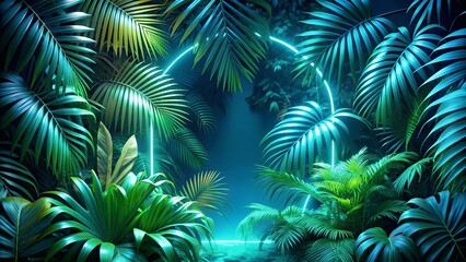 Luminous Green and Blue Neon Glow with Detailed Tropical Leaves