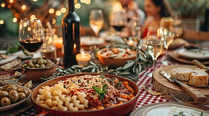 Naklejka premium An outdoor Italian-themed dinner party, table covered with red checkered tablecloths, various pasta dishes and wine, guests laughing and chatting, warm ambient lighting creating a festive atmosphere,