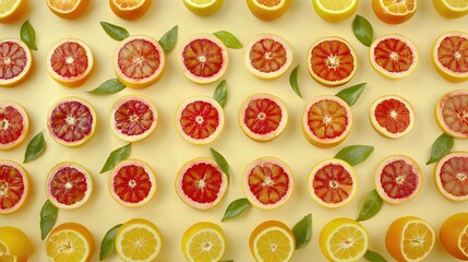   A stack of orange halves and grapefruit halves organized on a yellow backdrop with foliage