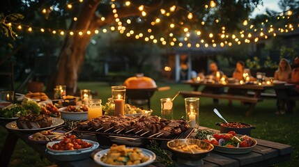 Fototapeta premium A backyard barbecue dinner party, picnic tables set with a variety of grilled meats and side dishes, string lights creating a warm glow, guests enjoying the night in casual attire,