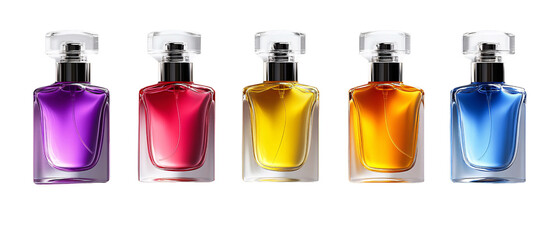 Five Colorful Perfume Bottles Isolated on Black Background