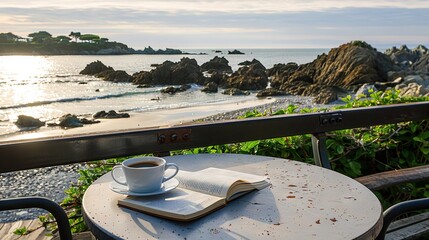   A cup of coffee sits atop a table with a book positioned beside it Additionally, a book rests on top of the table