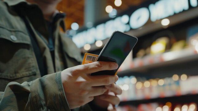 A man is holding a cell phone with a QR code on it