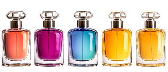 Five Colorful Perfume Bottles on White Background, Ready for Your Design Project, Ready for You