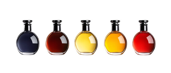 Five Colorful Glass Bottles with Liquid  in a Row