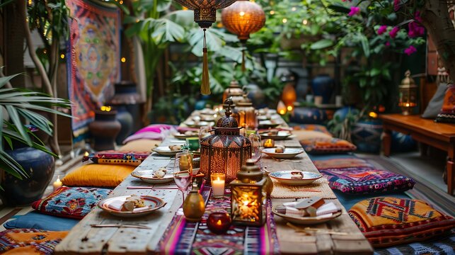 A bohemian-themed dinner party, long table adorned with colorful cushions and lanterns, vibrant tapestries hanging as a backdrop, guests in boho-chic attire, warm and inviting atmosphere,