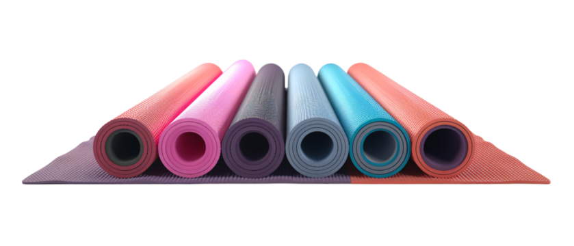 Colorful Yoga Mats Rolled Up on Purple Mat