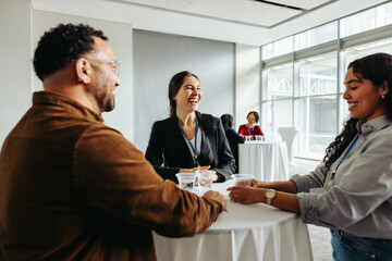 Colleagues enjoying refreshments and conversation at a conference during a break